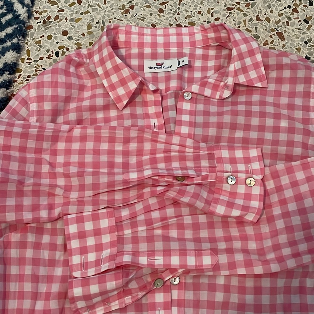 Pink and white checkered button-down